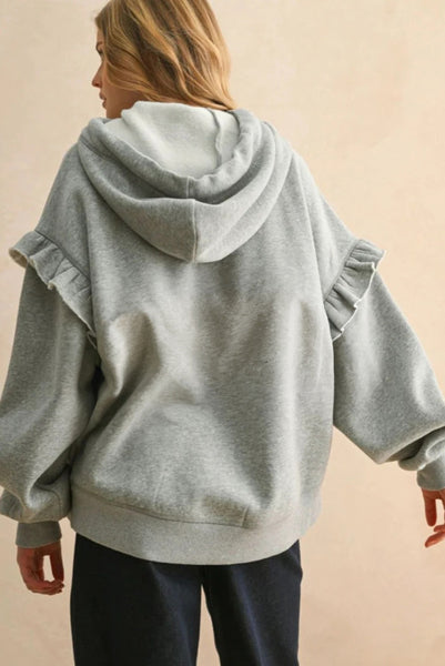 Gray Hooded Pullover with Rope Drawstring and Ruffle Details