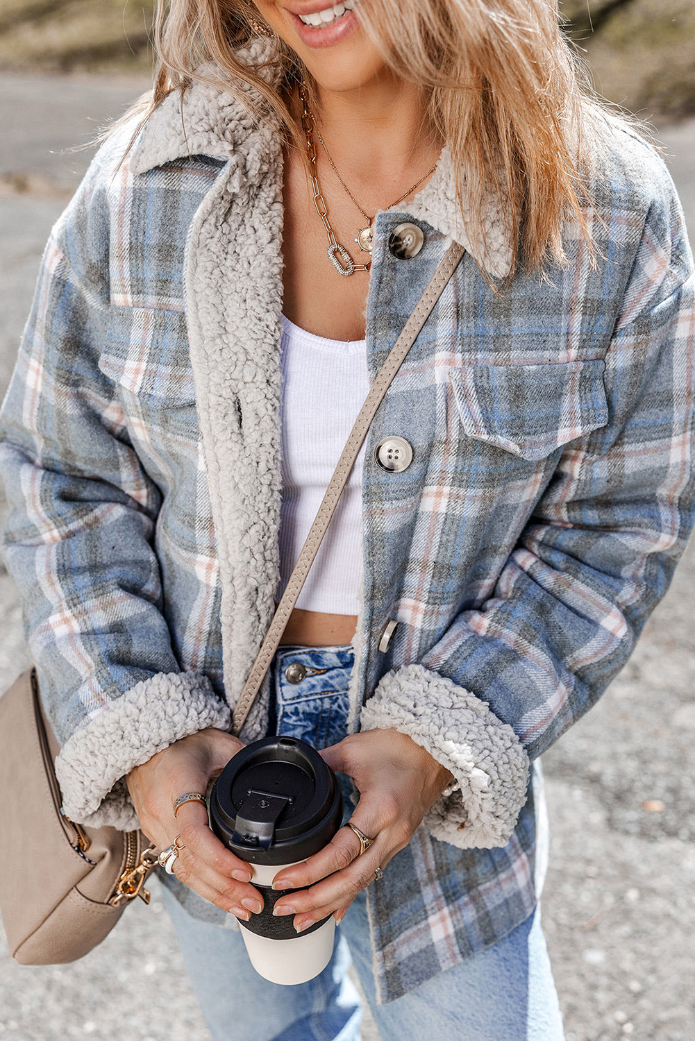 Light Blue Plaid Sherpa Lined Button Up Shacket