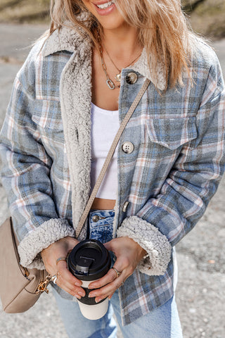 Light Blue Plaid Sherpa Lined Button Up Shacket