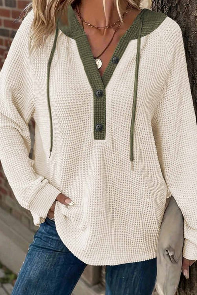 Creamy White and Olive Green Waffle Knit Contrast Hooded Top