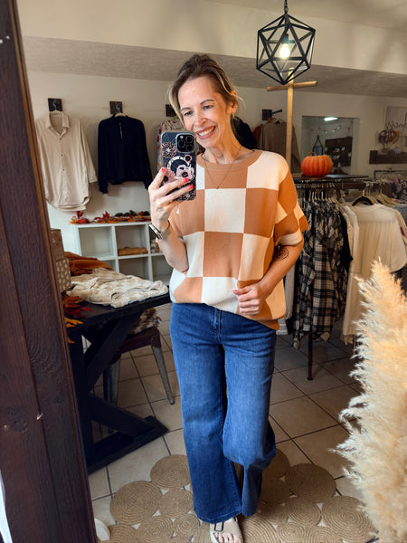 Loose fitting Brown Checkered Short Sleeve Sweater