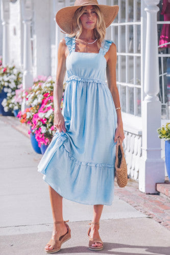 Light Blue Ruffle Trim Midi Dress