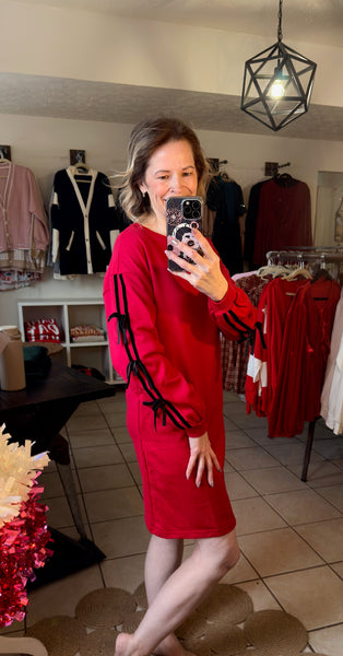 Holiday Red Sweatshirt Dress with Velvet Bow Sleeve Details