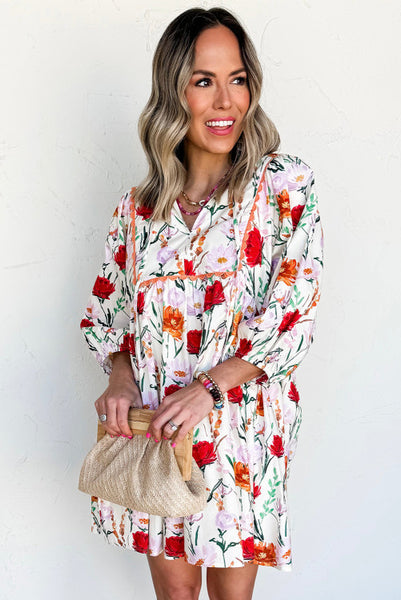 Floral 3/4 Puff Sleeve Dress with Ric Rac Trim