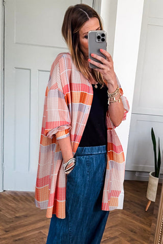 Colorful Orange Checkered Oversized Button Up Tunic Top - Plaid - Dress