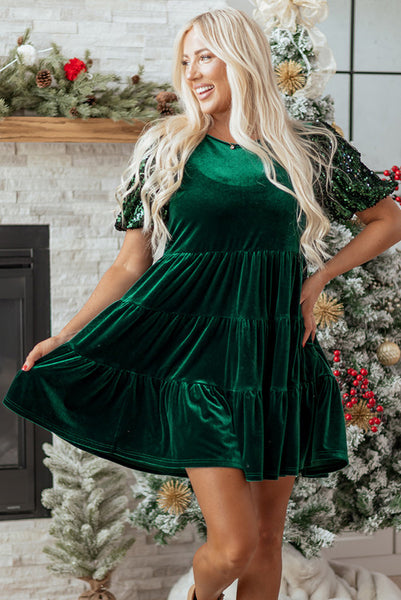 Evergreen Velvet Tiered Flowy Skirt with Sequined Puff Sleeves