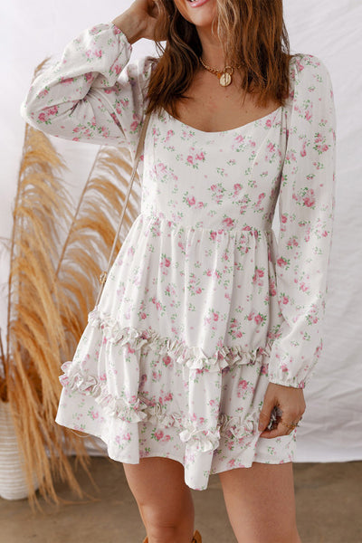 Pink Floral Long Sleeve Short Dress with Ruffle Details