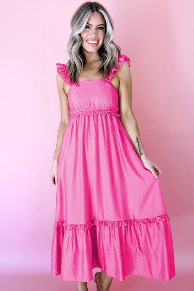 Strawberry Pink Ruffle Trim Midi Dress