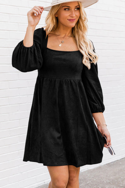 Black Sueded Square Neck Puff Sleeve Dress