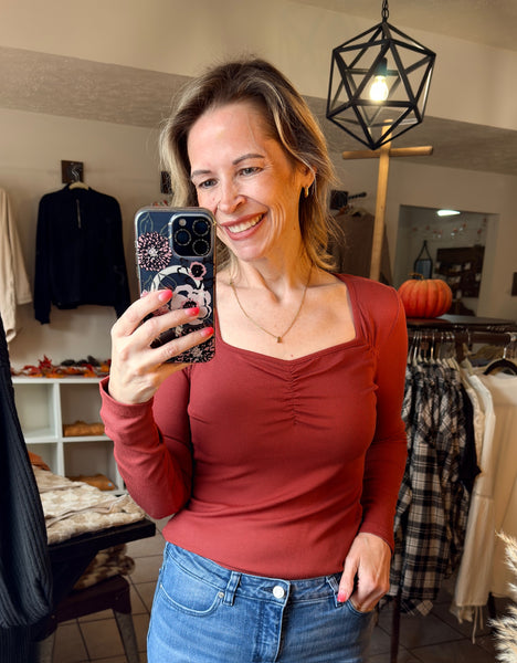 Brick Red Gathered Bust Square Neckline Ribbed Long Sleeve Top - Sweetheart Neckline