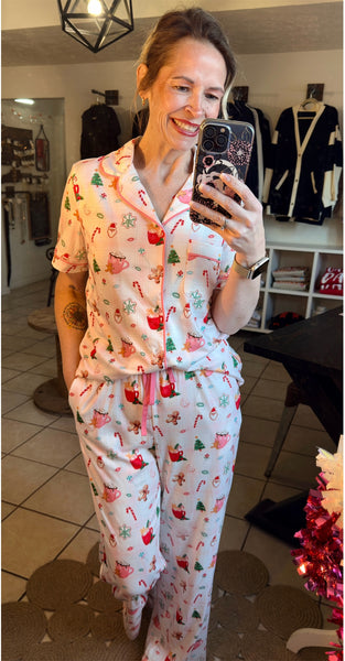 Christmas Spirit Print Short Sleeve Shirt and Pants Loungewear Set