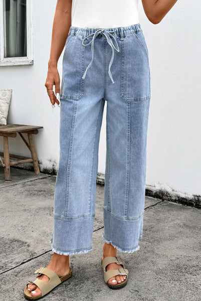 Light Wash Drawstring Waist Raw Hem Wide Leg Denim Ankle Length Jeans