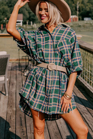 Green Plaid Short Sleeve Tunic Top