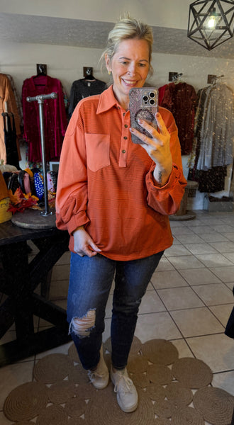 Orange Striped Colorblocked Collared Henley Pullover