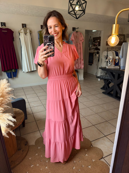 Pink V-Neck Puff Short Sleeve Maxi Dress