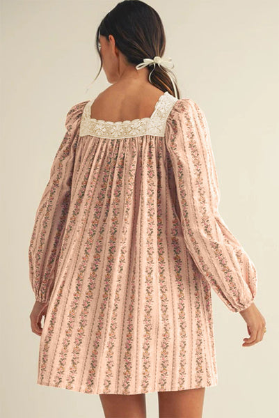 Vintage Floral Fully Lined Square Neck Dress with Velvet Bow