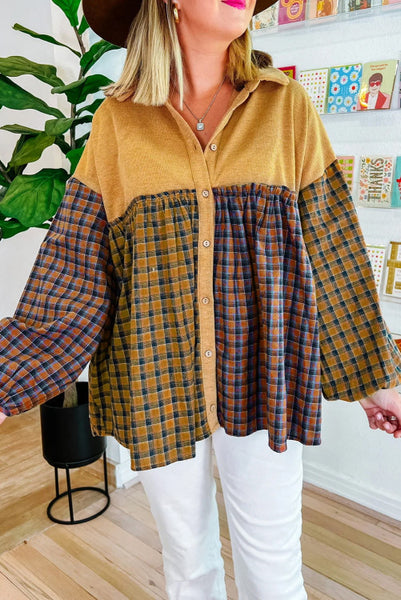 Mustard and Plaid Colorblock Babydoll Button Up Top