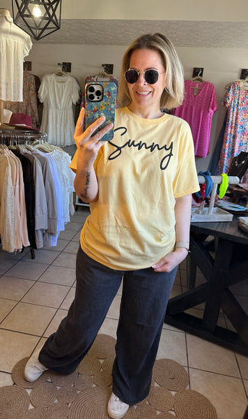 Yellow with Black ‘Sunny’ Puff Script Lettering Tee