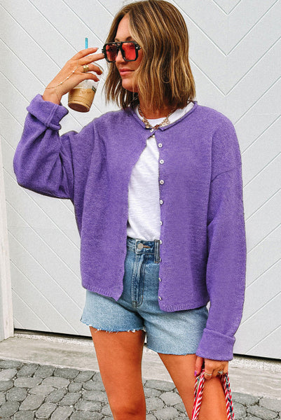 Wisteria Purple Button Front Sweater Knit Cardigan