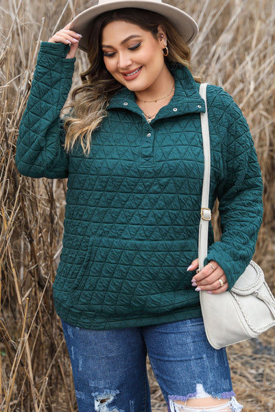 Curvy Dark Green Quilted Pullover with Pockets and Button Up Neckline