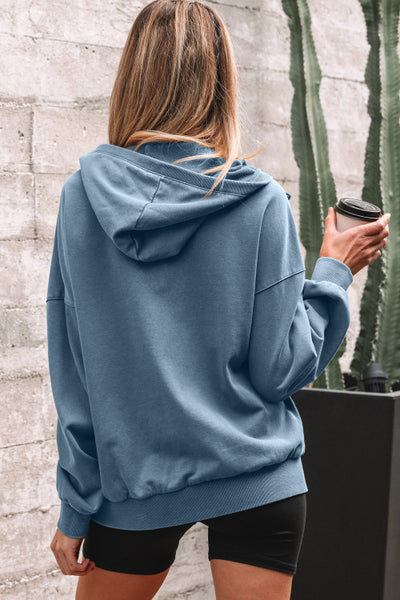 Blue Mineral Wash Hooded Half Zip Pullover with Kangaroo Pocket