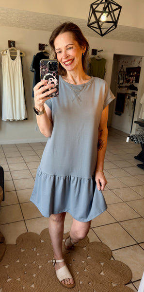 Dusty Blue Cap Sleeve Drop Waist T-Shirt Dress