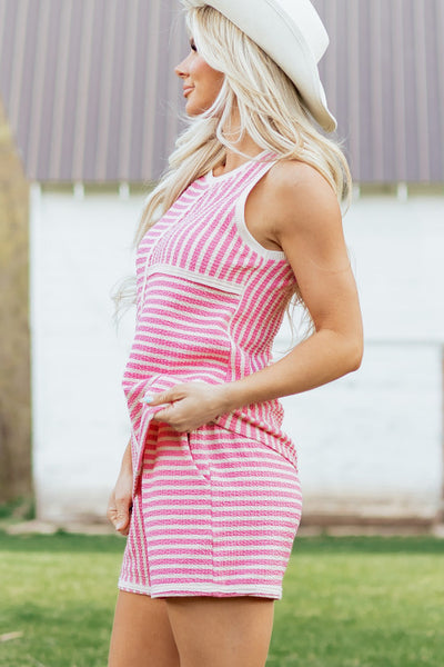 Pink and Cream Striped Patchwork Sleeveless Top and Shorts Set