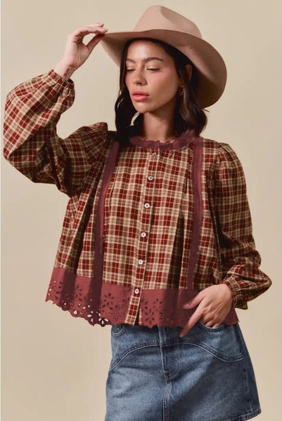 Red Dahlia Plaid and Eyelet Lace Trim Button Down Long Sleeve Shirt