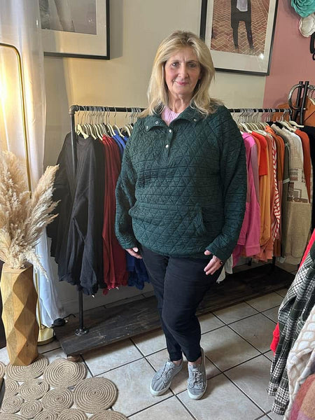 Curvy Dark Green Quilted Pullover with Pockets and Button Up Neckline