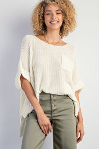 Oversized Ivory Lightweight Summer Sweater with Rolled Cuffs and Side Slits