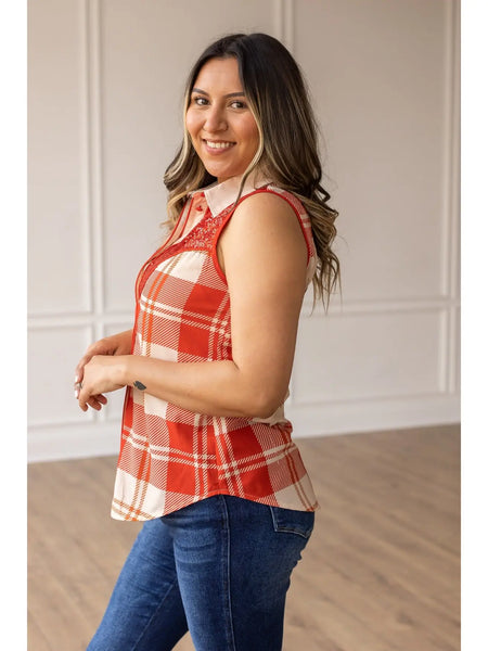 Red Plaid Sleeveless Collared Button Up Top with Sequin Embellishments - Can I Get a ‘Yee Haw’