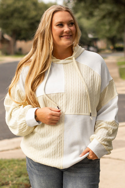 Curvy Ivory and Cream Patchwork Mixed Textures Hoodie