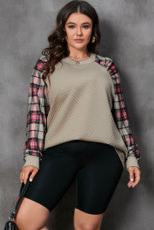 Curvy Khaki Quilted Top with Contrasting Plaid Sleeves