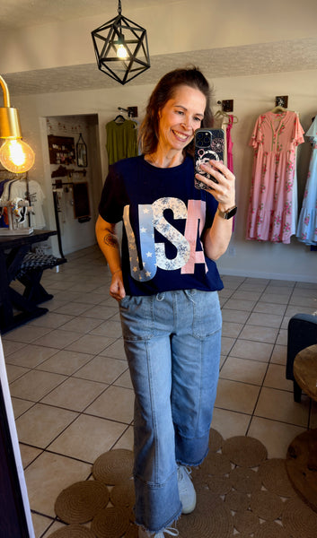 Navy Blue Tee with Mixed Pattern USA Graphic - Patriotic - 4th of July - Memorial Day - Veteran's Day - USA