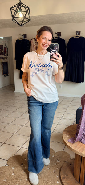 White Tee with Royal Blue Kentucky and Bow Graphic