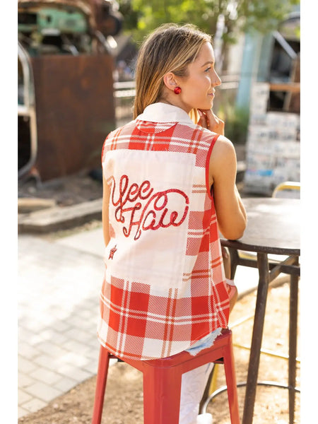 Red Plaid Sleeveless Collared Button Up Top with Sequin Embellishments - Can I Get a ‘Yee Haw’