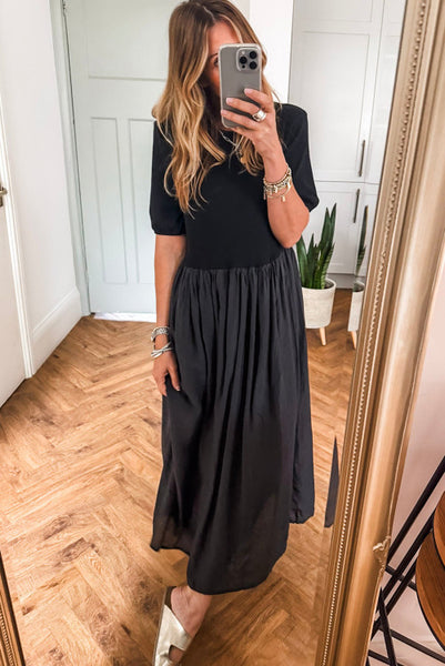 Black Short Sleeve Knit Top Patchwork Maxi Dress