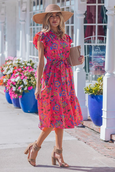 Rose Pink Floral Ruffle Sleeve Belted Midi Dress