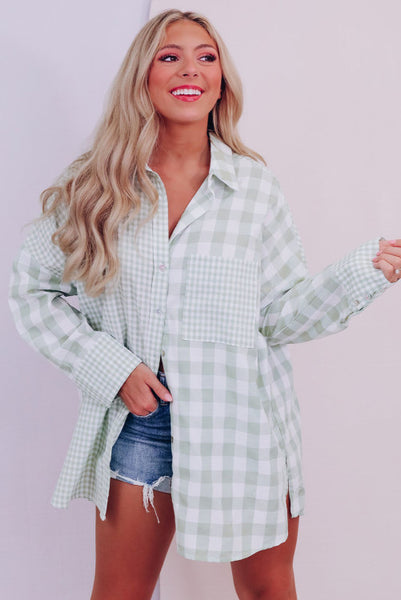 Mint Green Mixed Checkered Oversized Button Up Top