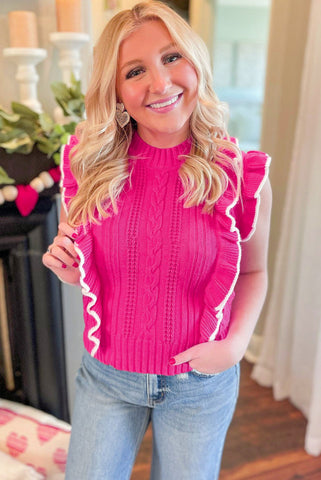 Pink Mock Neck Ruffled Sweater Knit Top