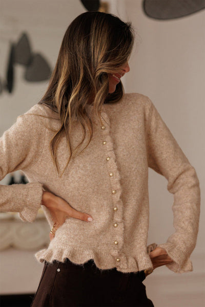 French Beige Ruffle Trim Cardigan with Gold Button Detailing