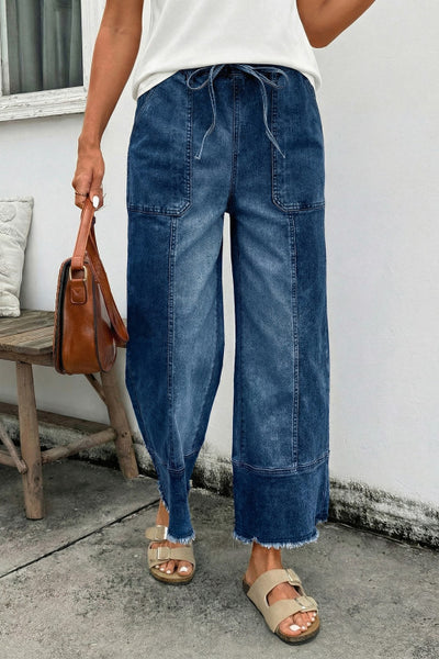 Dark Wash Drawstring Waist Raw Hem Wide Leg Denim Ankle Length Jeans