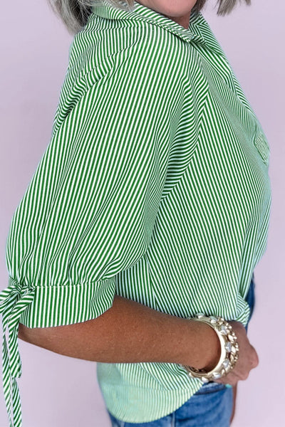 Green Striped Split V-Neck Collared Top