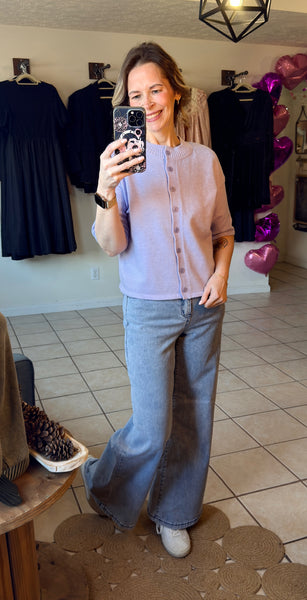 Lavender Purple Half Sleeve Button Up Sweater