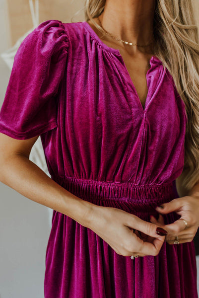 Deep Rose Pink V-neck Velvet Maxi Dress with Smocked Waist