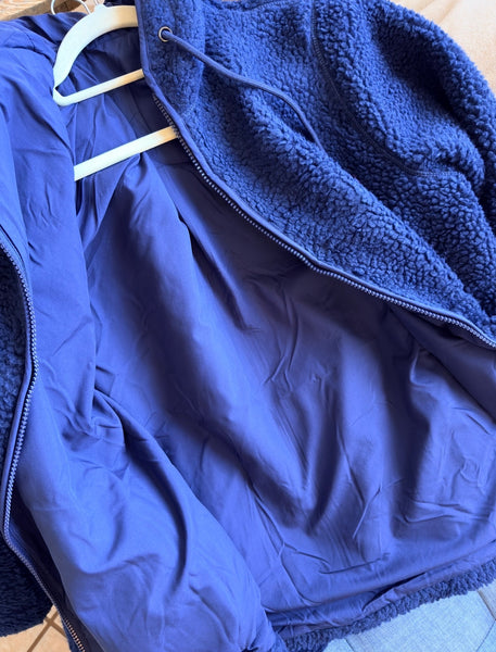 Navy Blue Zip Up Sherpa Hooded Jacket - Fully Lined