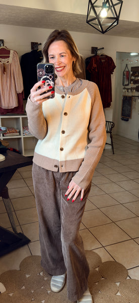Light Mocha Brown and Creamy White Colorblock Button Front Cardigan