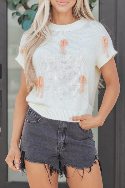 White Short Sleeve Contrast Bow Knot Relaxed Sweater
