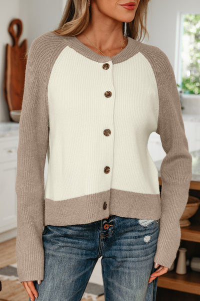 Light Mocha Brown and Creamy White Colorblock Button Front Cardigan