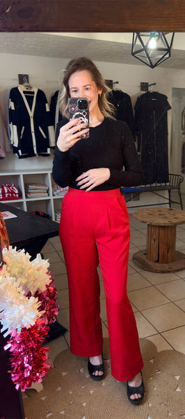 Red Pleated Detail Pull-On High Rise Pants with Elastic Waist